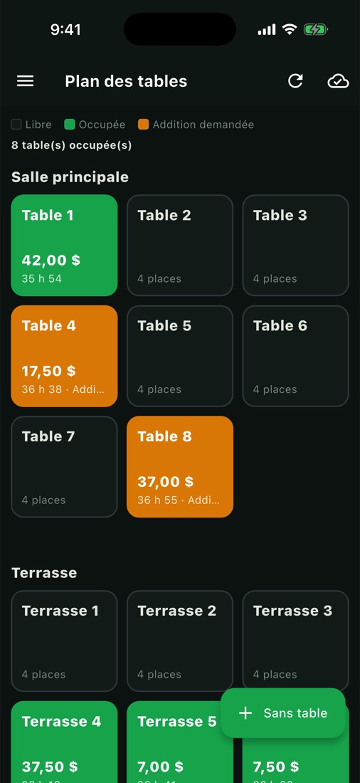 Application mobile – plan des tables (mode sombre)