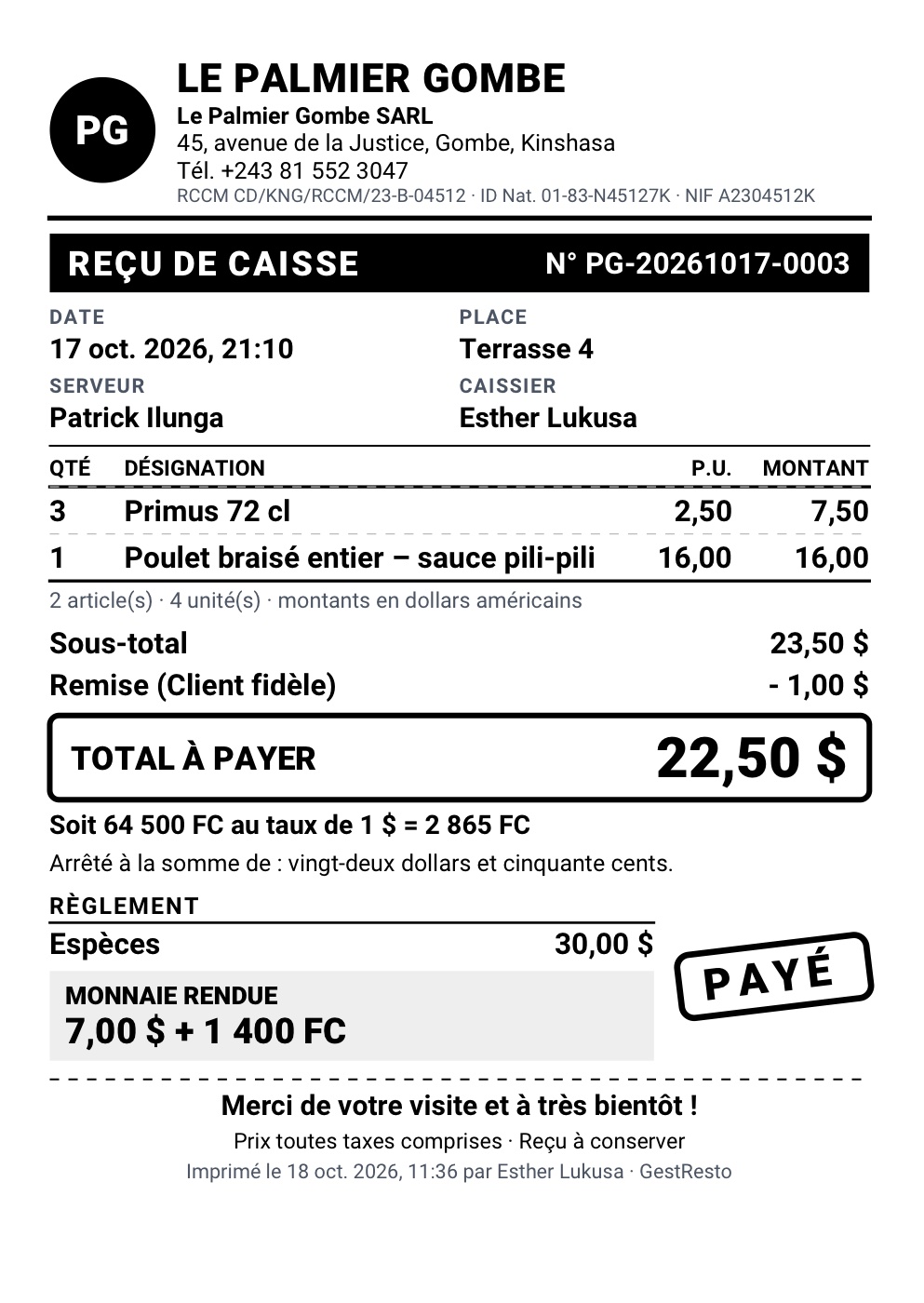 Reçu de caisse A6 GestResto avec RCCM, ID Nat., NIF et total en lettres